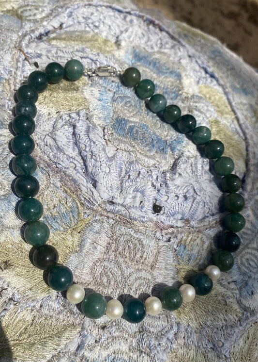 Necklace - Moss agate & Pearls